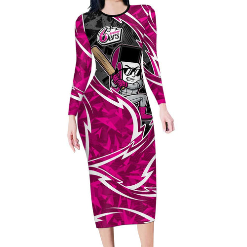 Sydney Sixers Long Sleeve Bodycon Dress Flaming Lightning Storm Geometric Sports Mascot Art
