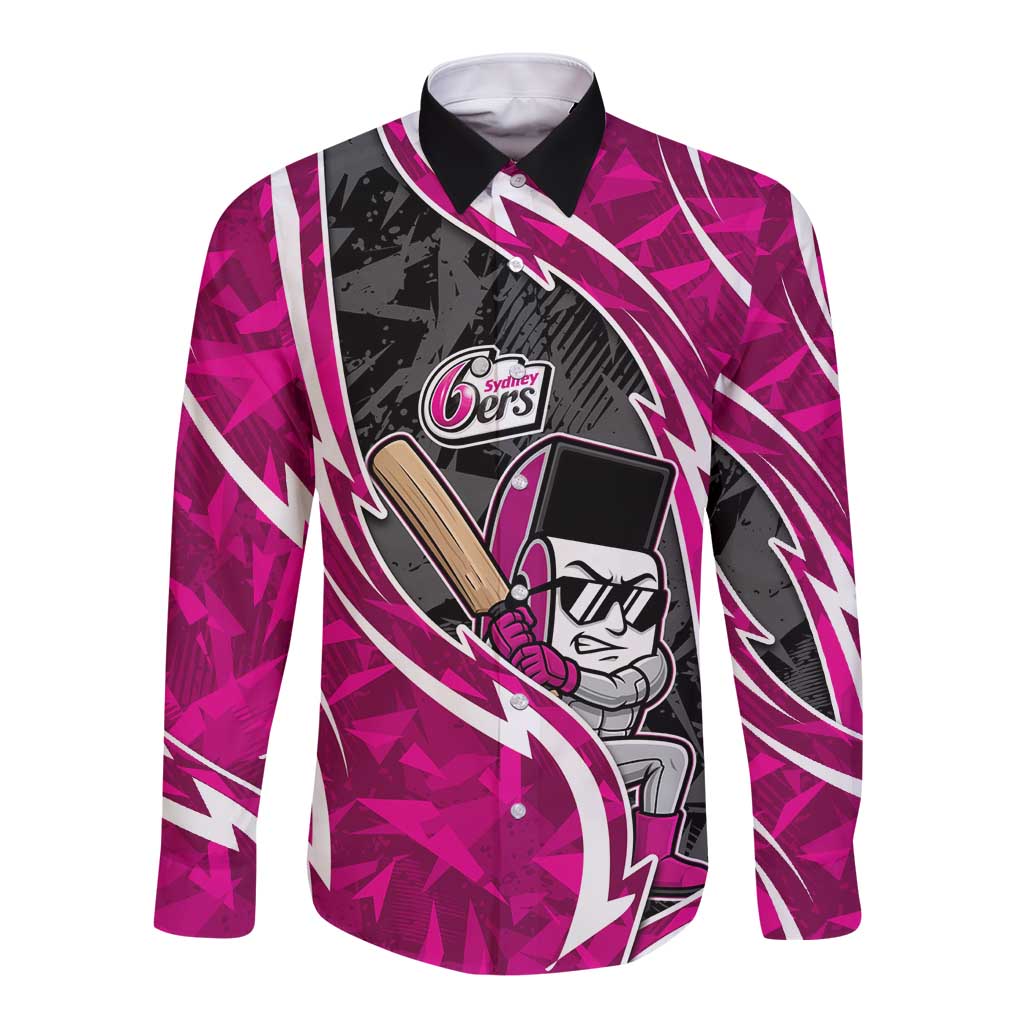 Sydney Sixers Long Sleeve Button Shirt Flaming Lightning Storm Geometric Sports Mascot Art