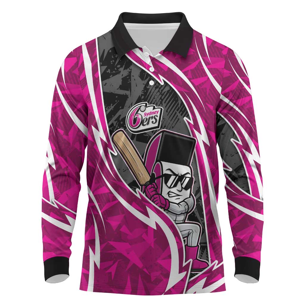 Sydney Sixers Long Sleeve Polo Shirt Flaming Lightning Storm Geometric Sports Mascot Art