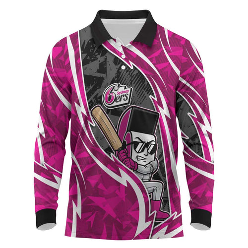 Sydney Sixers Long Sleeve Polo Shirt Flaming Lightning Storm Geometric Sports Mascot Art