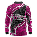 Sydney Sixers Long Sleeve Polo Shirt Flaming Lightning Storm Geometric Sports Mascot Art