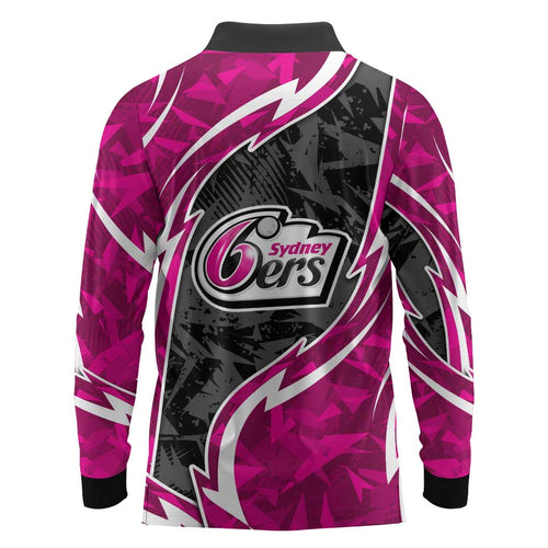 Sydney Sixers Long Sleeve Polo Shirt Flaming Lightning Storm Geometric Sports Mascot Art