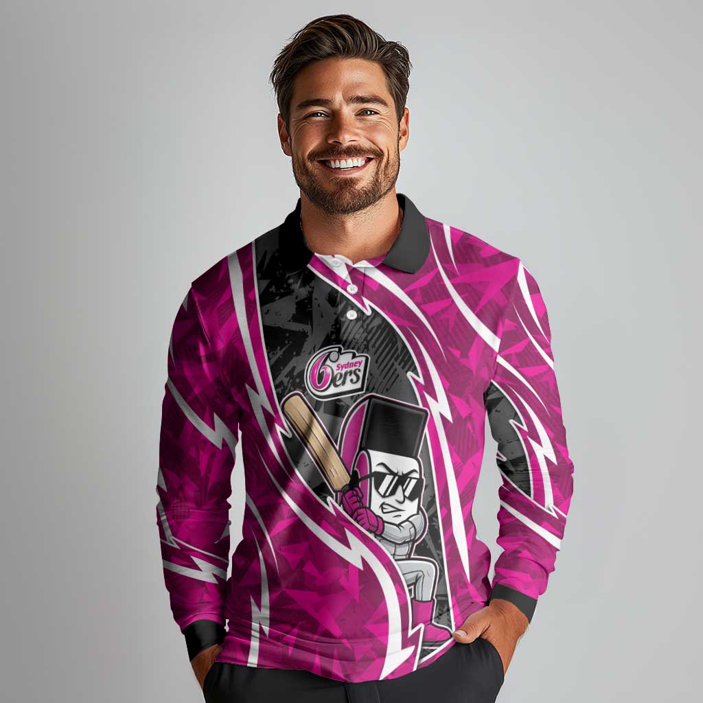 Sydney Sixers Long Sleeve Polo Shirt Flaming Lightning Storm Geometric Sports Mascot Art