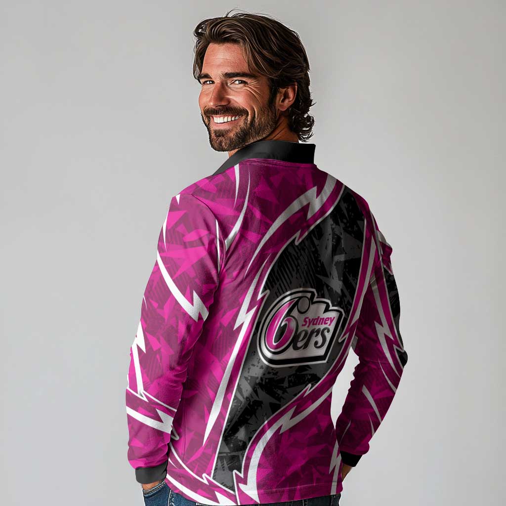 Sydney Sixers Long Sleeve Polo Shirt Flaming Lightning Storm Geometric Sports Mascot Art