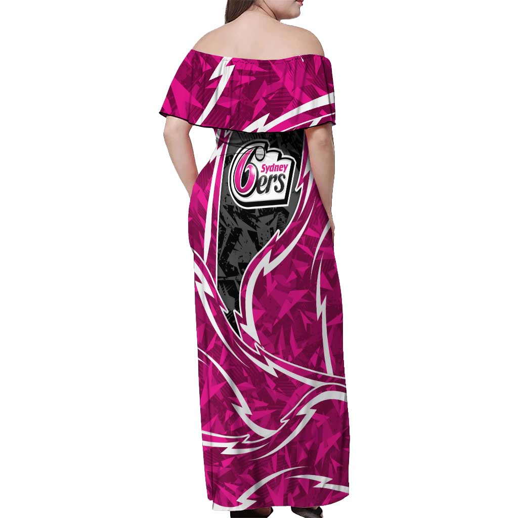Sydney Sixers Off Shoulder Maxi Dress Flaming Lightning Storm Geometric Sports Mascot Art
