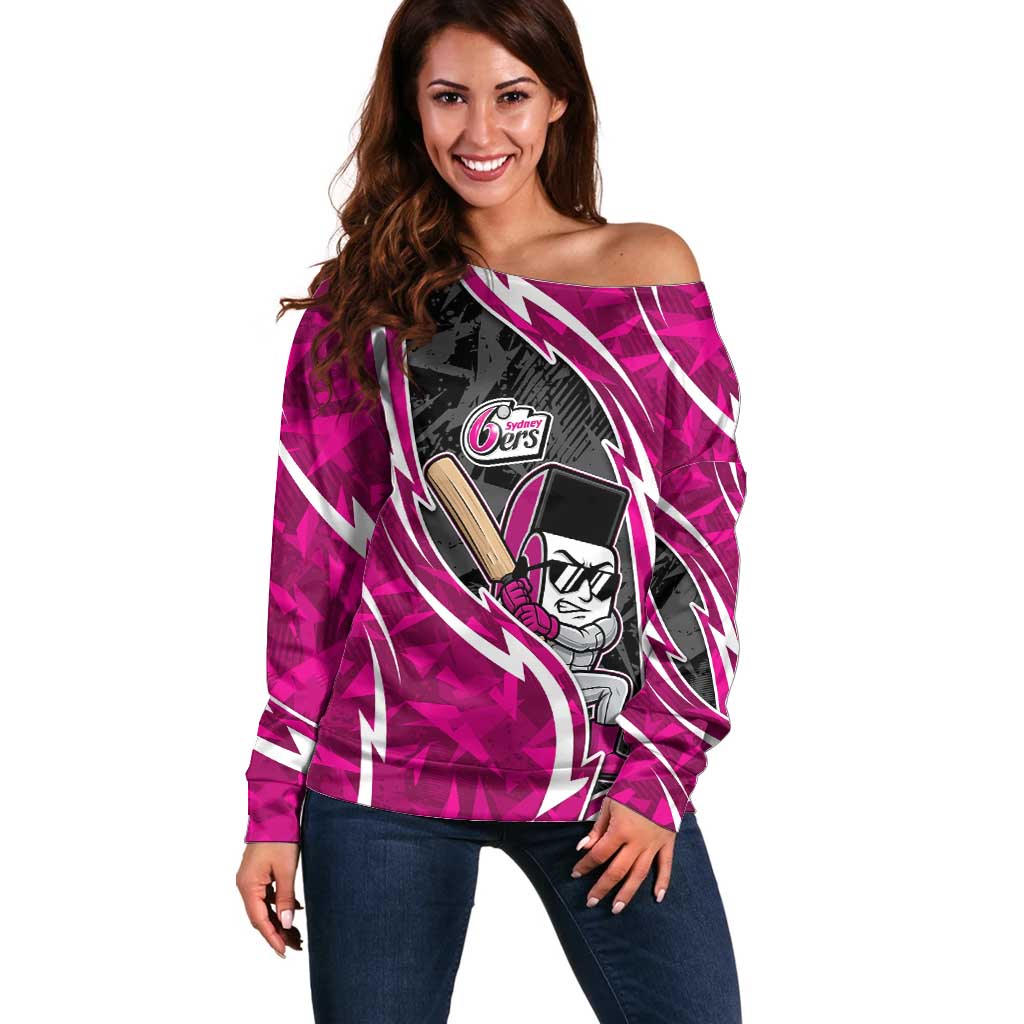 Sydney Sixers Off Shoulder Sweater Flaming Lightning Storm Geometric Sports Mascot Art