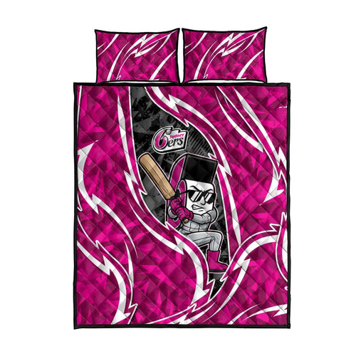 Sydney Sixers Quilt Bed Set Flaming Lightning Storm Geometric Sports Mascot Art