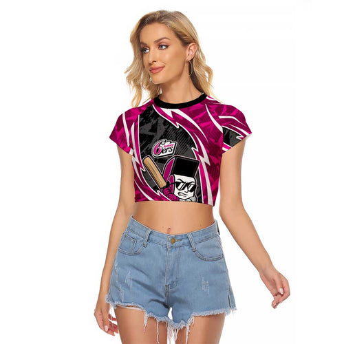 Sydney Sixers Raglan Cropped T Shirt Flaming Lightning Storm Geometric Sports Mascot Art