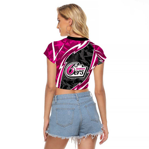 Sydney Sixers Raglan Cropped T Shirt Flaming Lightning Storm Geometric Sports Mascot Art