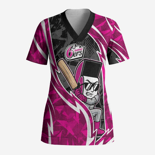 Sydney Sixers Scrub Top Flaming Lightning Storm Geometric Sports Mascot Art