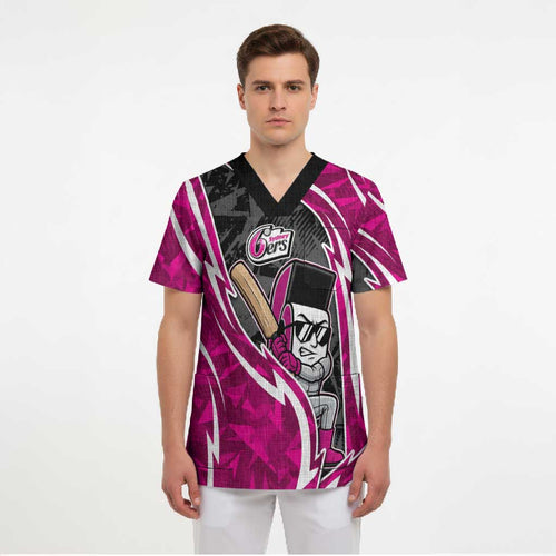 Sydney Sixers Scrub Top Flaming Lightning Storm Geometric Sports Mascot Art