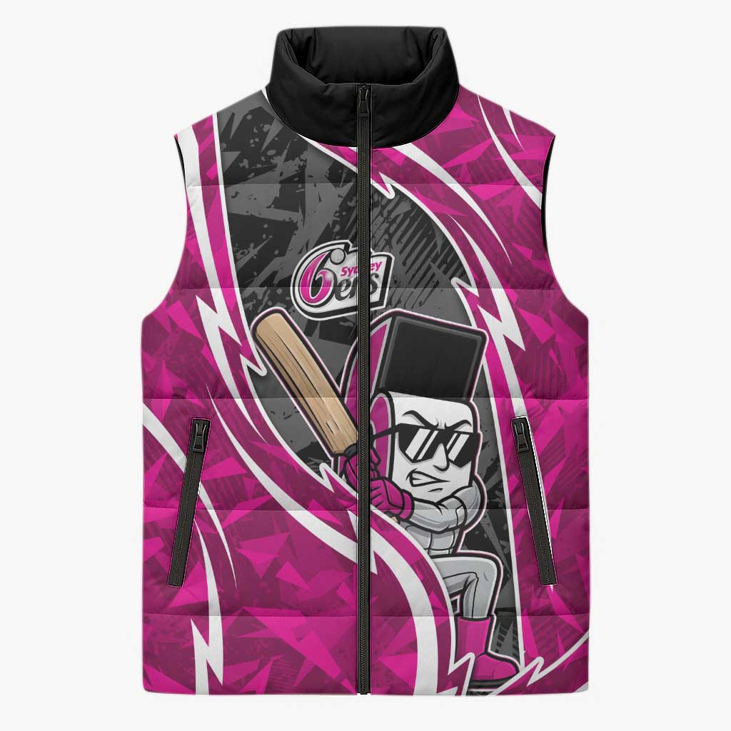Sydney Sixers Sleeveless Puffer Jacket Flaming Lightning Storm Geometric Sports Mascot Art