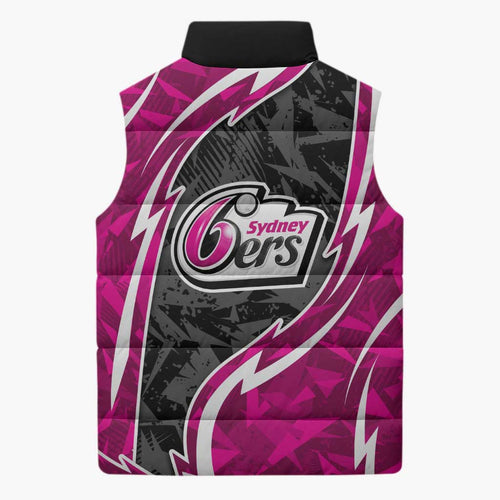 Sydney Sixers Sleeveless Puffer Jacket Flaming Lightning Storm Geometric Sports Mascot Art