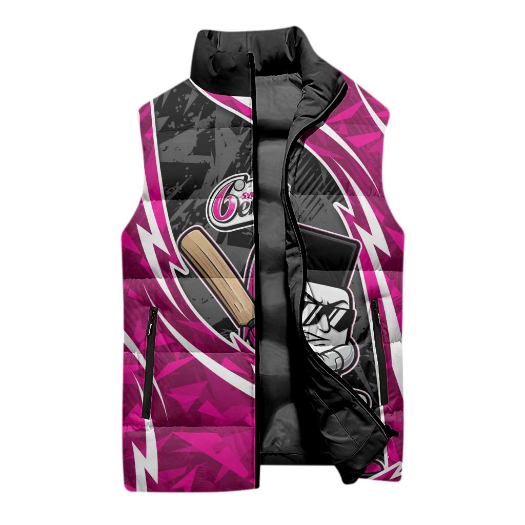 Sydney Sixers Sleeveless Puffer Jacket Flaming Lightning Storm Geometric Sports Mascot Art