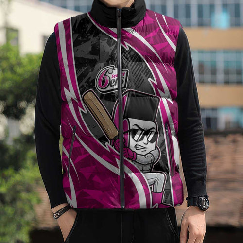 Sydney Sixers Sleeveless Puffer Jacket Flaming Lightning Storm Geometric Sports Mascot Art