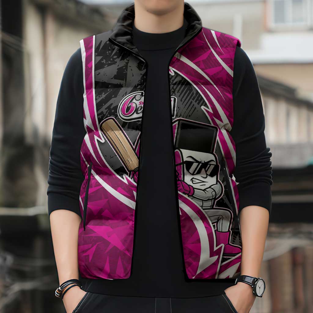 Sydney Sixers Sleeveless Puffer Jacket Flaming Lightning Storm Geometric Sports Mascot Art