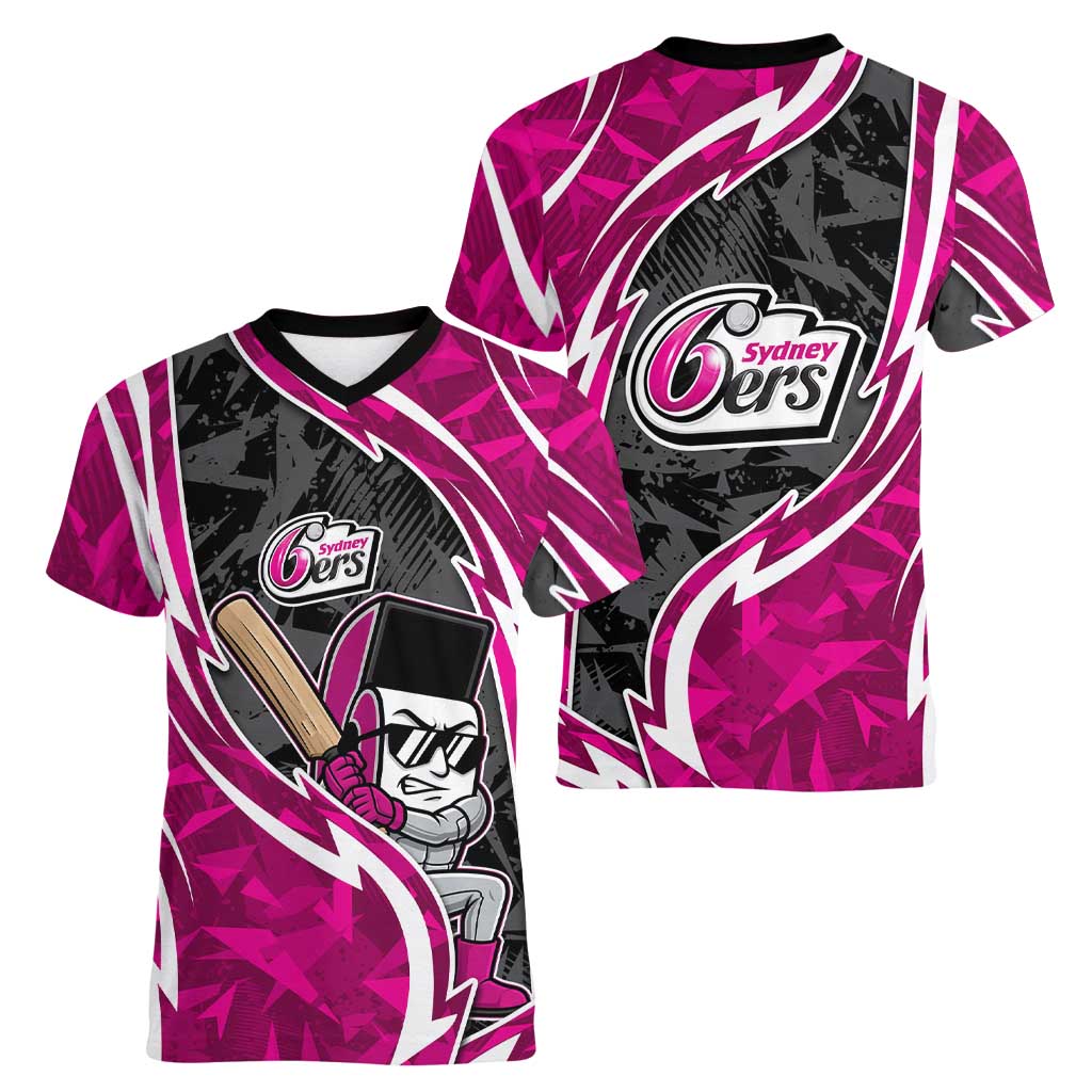 Sydney Sixers Women V-Neck T-Shirt Flaming Lightning Storm Geometric Sports Mascot Art