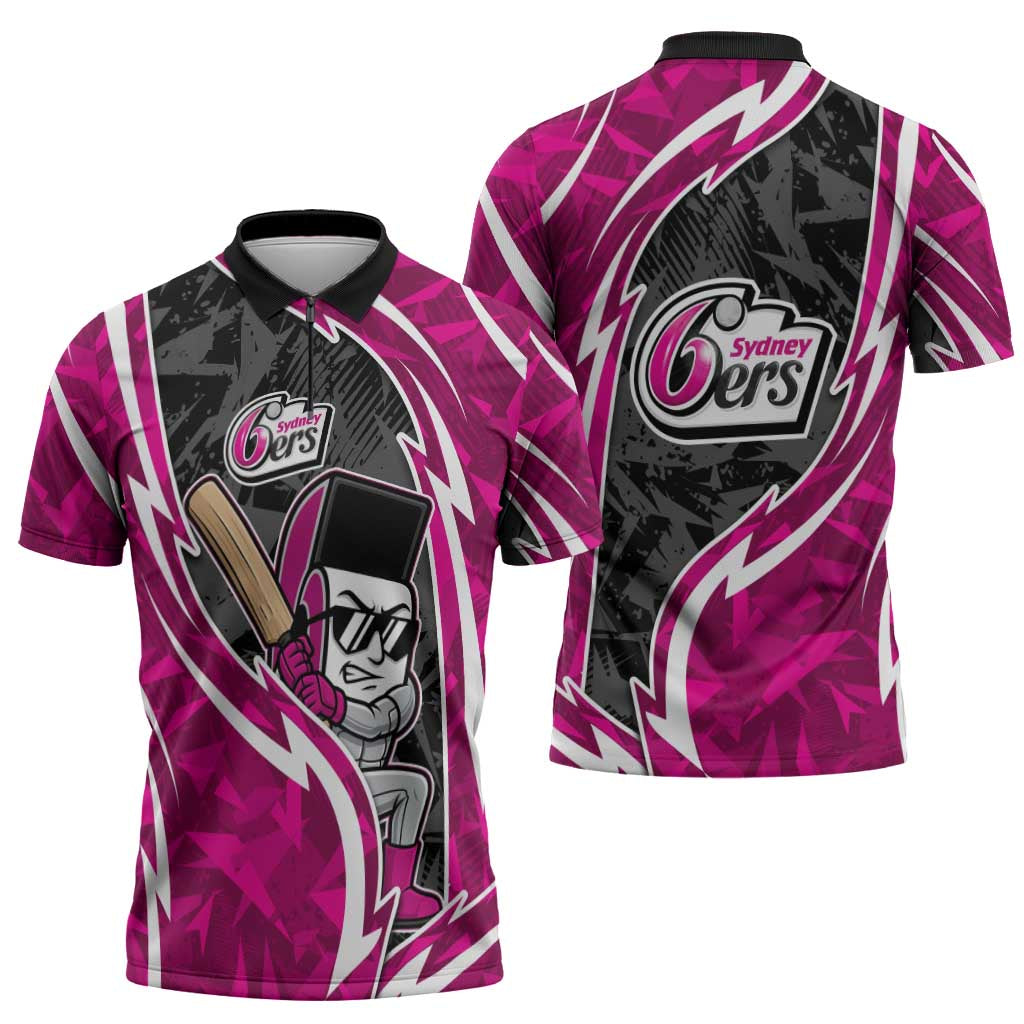 Sydney Sixers Zipper Polo Shirt Flaming Lightning Storm Geometric Sports Mascot Art