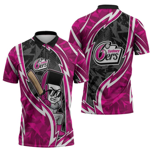 Sydney Sixers Zipper Polo Shirt Flaming Lightning Storm Geometric Sports Mascot Art