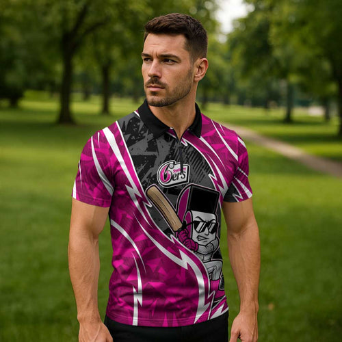 Sydney Sixers Zipper Polo Shirt Flaming Lightning Storm Geometric Sports Mascot Art