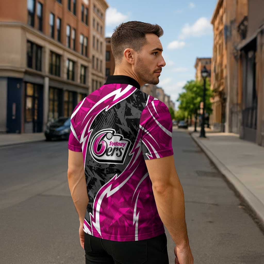 Sydney Sixers Zipper Polo Shirt Flaming Lightning Storm Geometric Sports Mascot Art