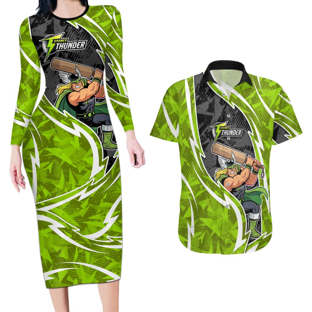 Sydney Thunder Couples Matching Long Sleeve Bodycon Dress and Hawaiian Shirt Flaming Lightning Storm Geometric Sports Mascot Art