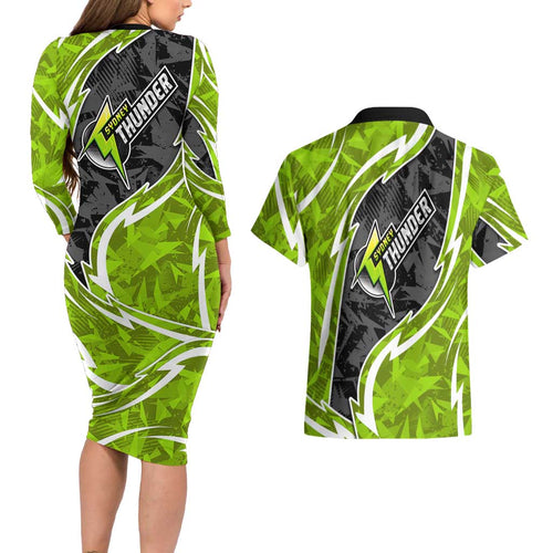 Sydney Thunder Couples Matching Long Sleeve Bodycon Dress and Hawaiian Shirt Flaming Lightning Storm Geometric Sports Mascot Art