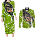 Sydney Thunder Couples Matching Long Sleeve Bodycon Dress and Long Sleeve Button Shirt Flaming Lightning Storm Geometric Sports Mascot Art