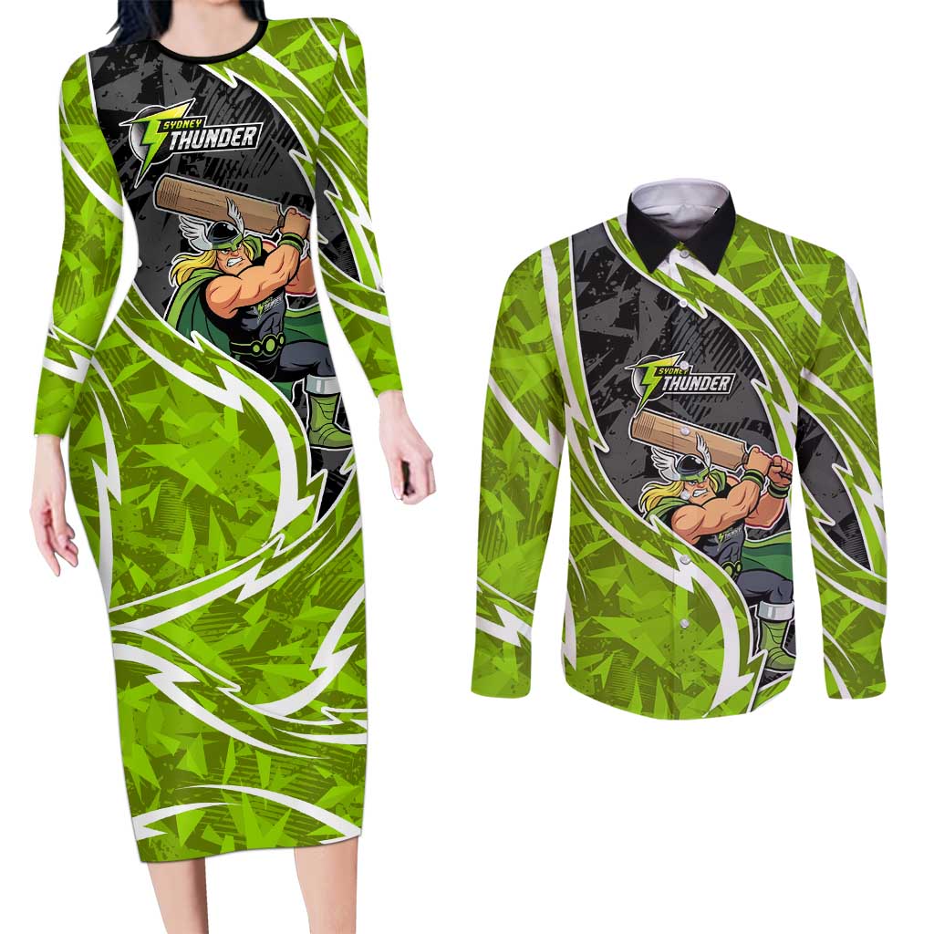 Sydney Thunder Couples Matching Long Sleeve Bodycon Dress and Long Sleeve Button Shirt Flaming Lightning Storm Geometric Sports Mascot Art