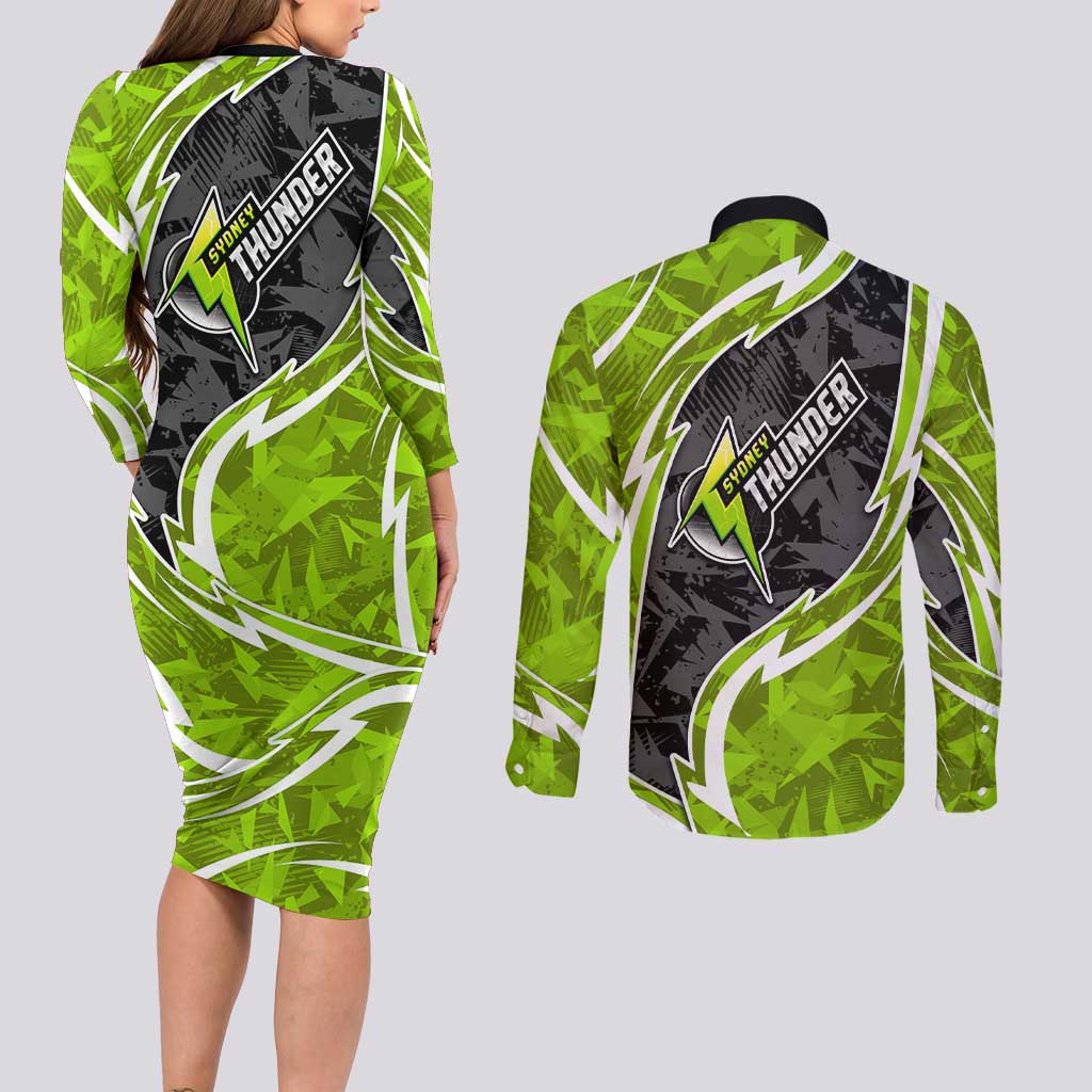 Sydney Thunder Couples Matching Long Sleeve Bodycon Dress and Long Sleeve Button Shirt Flaming Lightning Storm Geometric Sports Mascot Art