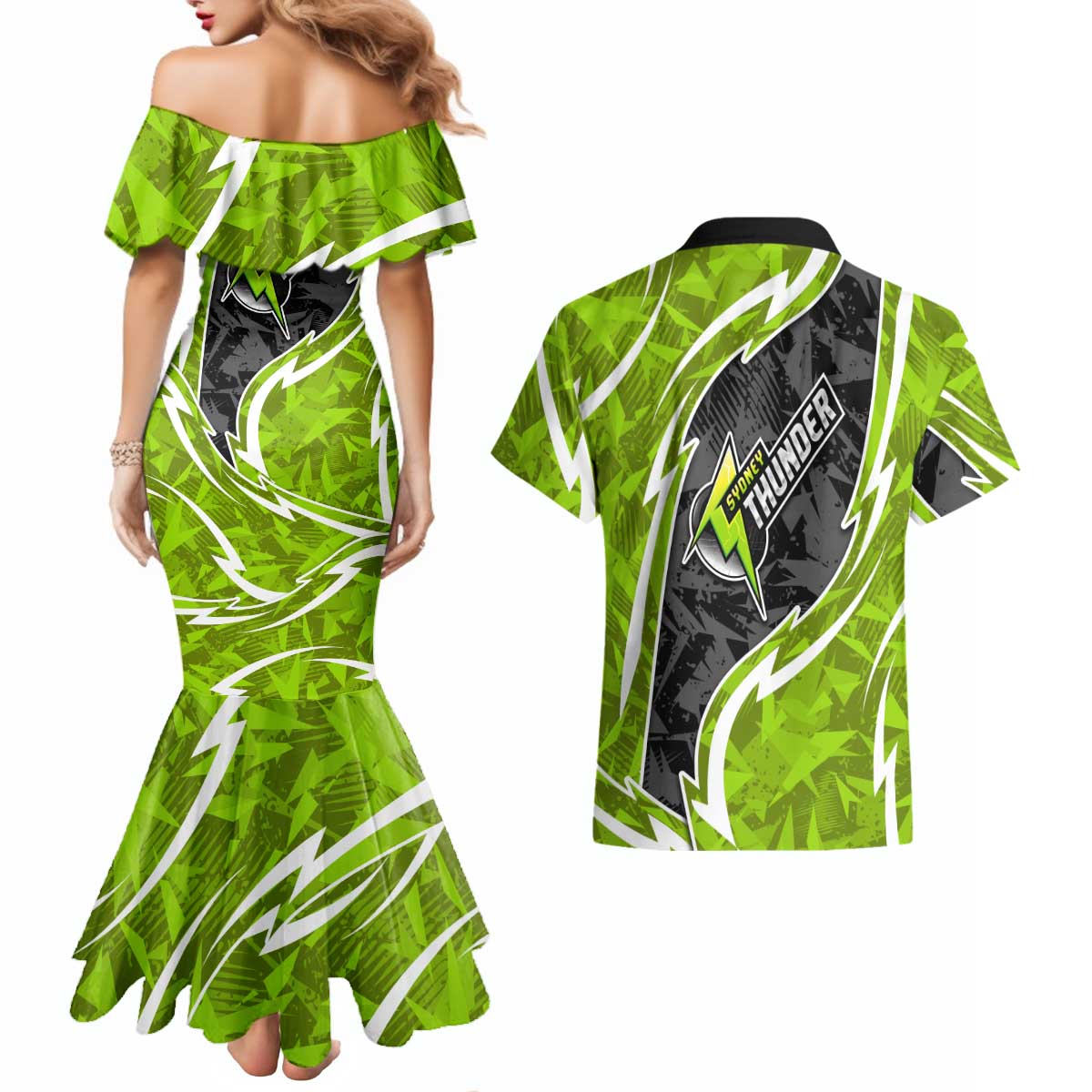 Sydney Thunder Couples Matching Mermaid Dress and Hawaiian Shirt Flaming Lightning Storm Geometric Sports Mascot Art