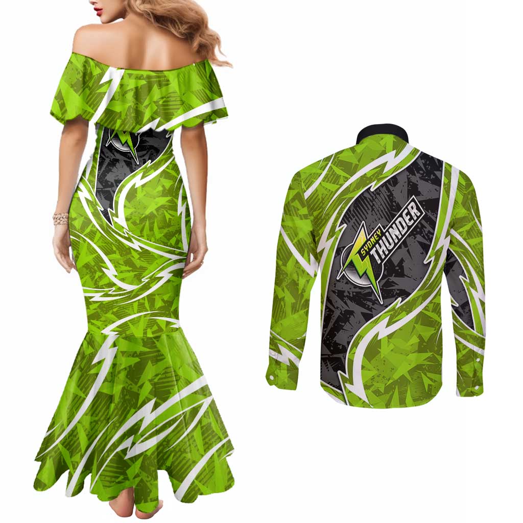 Sydney Thunder Couples Matching Mermaid Dress and Long Sleeve Button Shirt Flaming Lightning Storm Geometric Sports Mascot Art