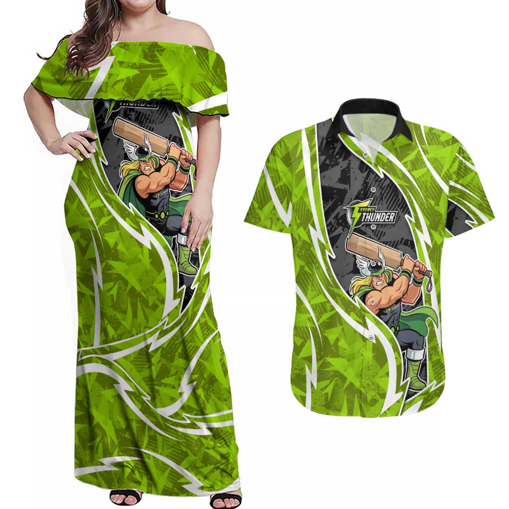 Sydney Thunder Couples Matching Off Shoulder Maxi Dress and Hawaiian Shirt Flaming Lightning Storm Geometric Sports Mascot Art