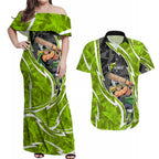 Sydney Thunder Couples Matching Off Shoulder Maxi Dress and Hawaiian Shirt Flaming Lightning Storm Geometric Sports Mascot Art