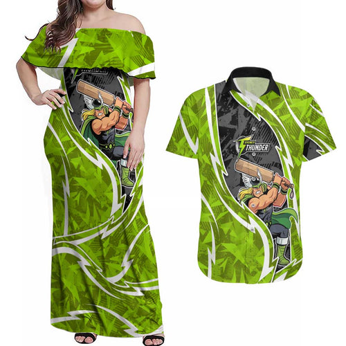 Sydney Thunder Couples Matching Off Shoulder Maxi Dress and Hawaiian Shirt Flaming Lightning Storm Geometric Sports Mascot Art