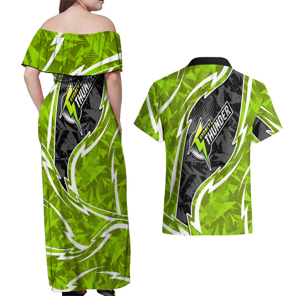 Sydney Thunder Couples Matching Off Shoulder Maxi Dress and Hawaiian Shirt Flaming Lightning Storm Geometric Sports Mascot Art