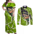 Sydney Thunder Couples Matching Off Shoulder Maxi Dress and Long Sleeve Button Shirt Flaming Lightning Storm Geometric Sports Mascot Art