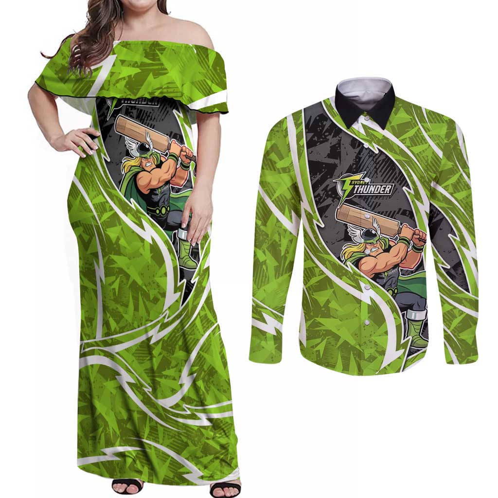 Sydney Thunder Couples Matching Off Shoulder Maxi Dress and Long Sleeve Button Shirt Flaming Lightning Storm Geometric Sports Mascot Art