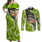Sydney Thunder Couples Matching Off Shoulder Maxi Dress and Long Sleeve Button Shirt Flaming Lightning Storm Geometric Sports Mascot Art