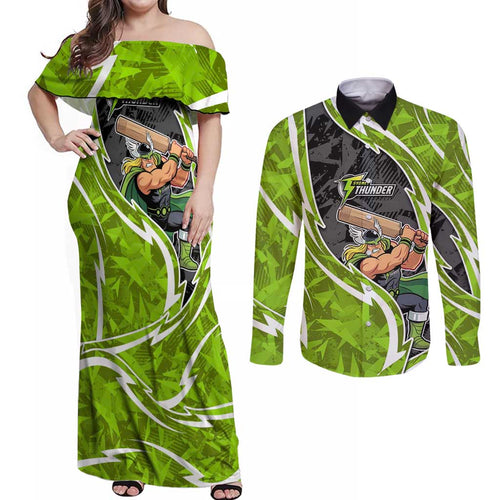 Sydney Thunder Couples Matching Off Shoulder Maxi Dress and Long Sleeve Button Shirt Flaming Lightning Storm Geometric Sports Mascot Art
