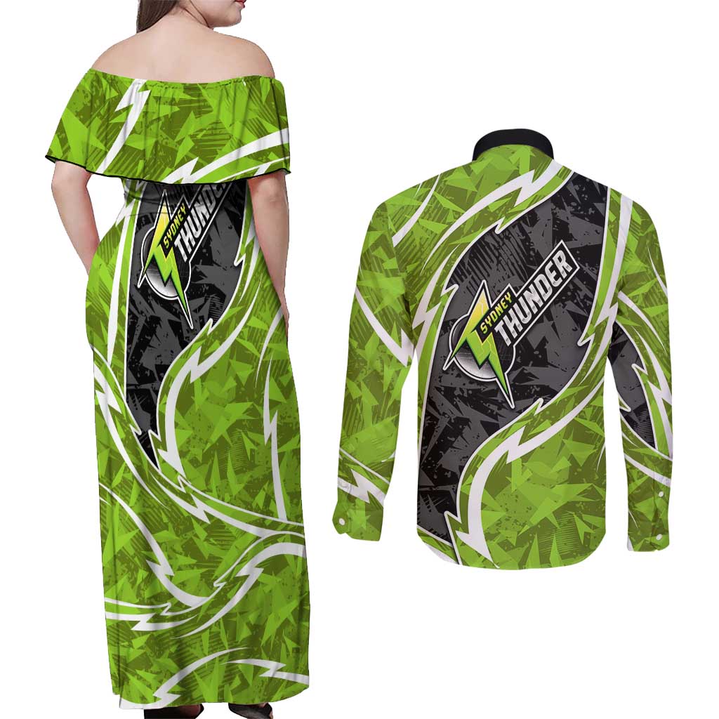 Sydney Thunder Couples Matching Off Shoulder Maxi Dress and Long Sleeve Button Shirt Flaming Lightning Storm Geometric Sports Mascot Art