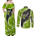 Sydney Thunder Couples Matching Off Shoulder Maxi Dress and Long Sleeve Button Shirt Flaming Lightning Storm Geometric Sports Mascot Art
