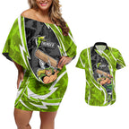 Sydney Thunder Couples Matching Off Shoulder Short Dress and Hawaiian Shirt Flaming Lightning Storm Geometric Sports Mascot Art