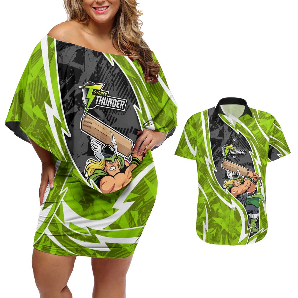 Sydney Thunder Couples Matching Off Shoulder Short Dress and Hawaiian Shirt Flaming Lightning Storm Geometric Sports Mascot Art