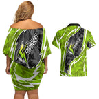 Sydney Thunder Couples Matching Off Shoulder Short Dress and Hawaiian Shirt Flaming Lightning Storm Geometric Sports Mascot Art