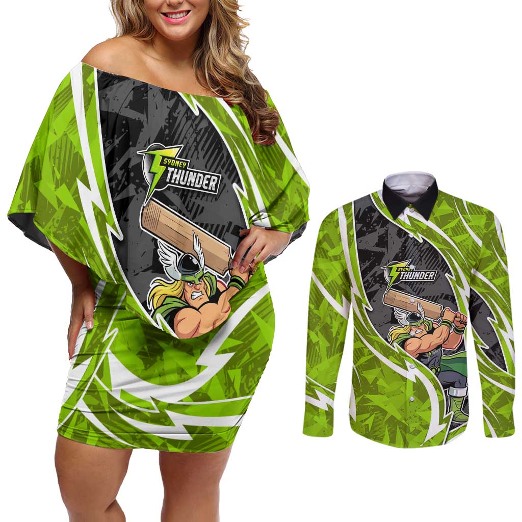 Sydney Thunder Couples Matching Off Shoulder Short Dress and Long Sleeve Button Shirt Flaming Lightning Storm Geometric Sports Mascot Art