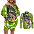 Sydney Thunder Couples Matching Off Shoulder Short Dress and Long Sleeve Button Shirt Flaming Lightning Storm Geometric Sports Mascot Art