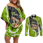 Sydney Thunder Couples Matching Off Shoulder Short Dress and Long Sleeve Button Shirt Flaming Lightning Storm Geometric Sports Mascot Art