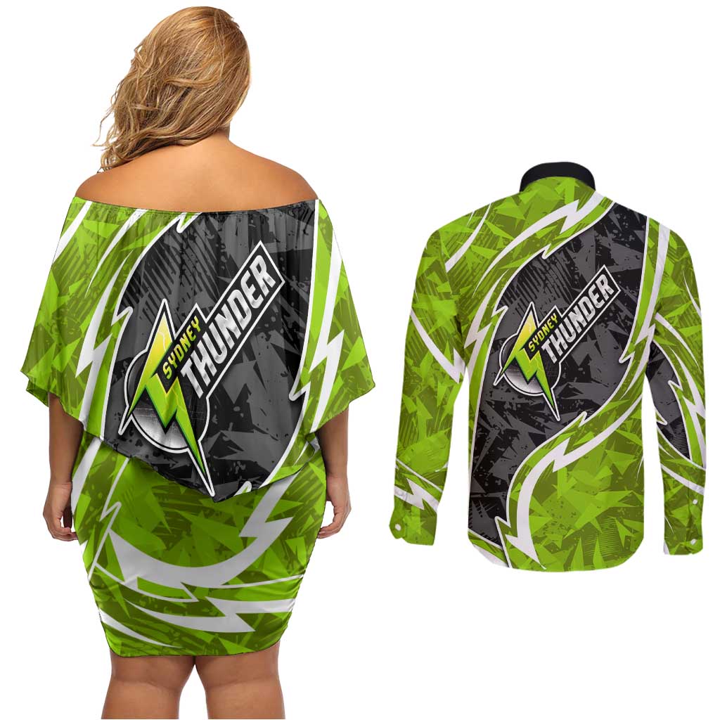 Sydney Thunder Couples Matching Off Shoulder Short Dress and Long Sleeve Button Shirt Flaming Lightning Storm Geometric Sports Mascot Art