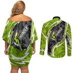 Sydney Thunder Couples Matching Off Shoulder Short Dress and Long Sleeve Button Shirt Flaming Lightning Storm Geometric Sports Mascot Art